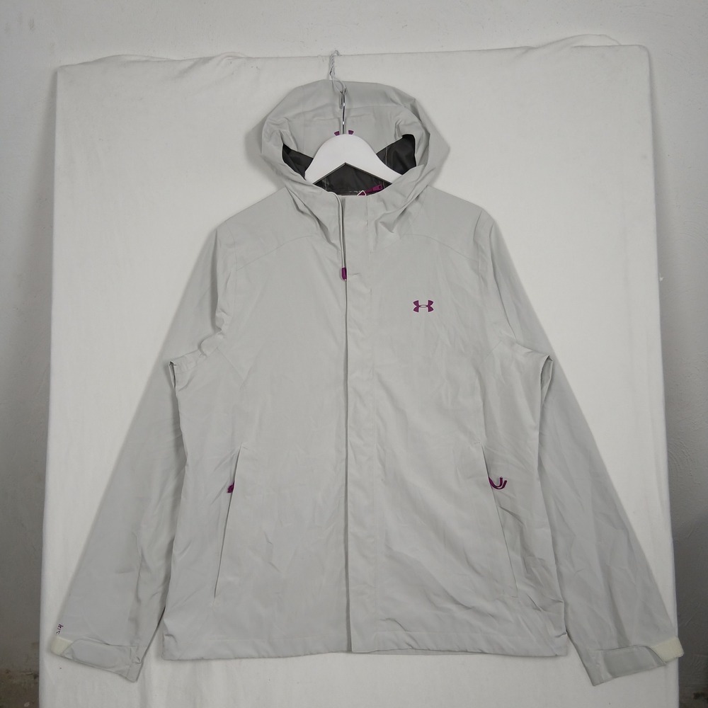 Under Armour Storm Rain Jacket Womens Large Gray Purple Hooded Full Zip 1253119